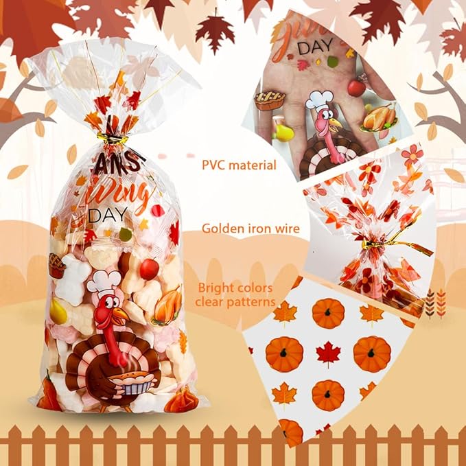 Thanksgiving Treat Bags, 100PCS Thanksgiving Goodie Bags with Twist Ties, Thanksgiving Gift Bags Plastic Candy Bags Cellophane Treat Bags Party Favor Bags Cookie Bags Fall Pumpkin Maple Leaves Bulk