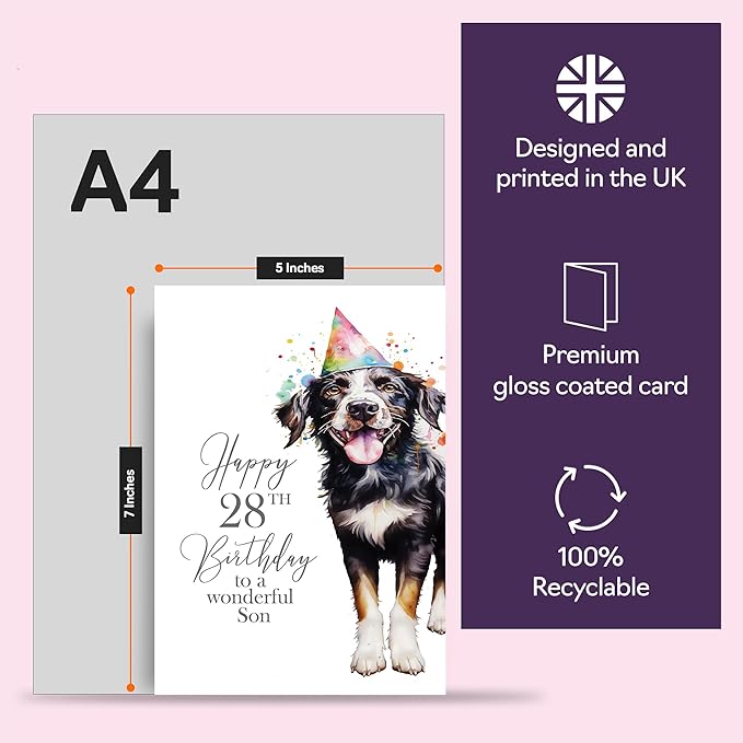 28th Birthday Cards for Son - Party Dog - Happy Birthday Card for 28 Year Old Son from Dad Mum, 5x7 Inch Bday Men Man Him Greeting Cards Gift for Son Birthday Gifts