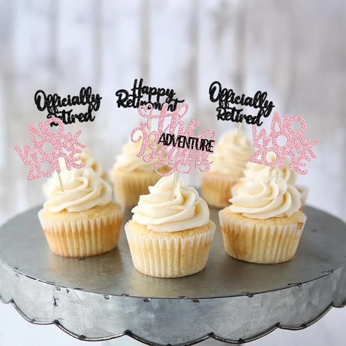 24Pcs Happy Retirement Cupcake Toppers Officially Retired Cake Toppers No Work Zone Adventure Begins Cupcake Picks Retirement Theme Farewell Birthday Party Decorations Supplies Pink Black