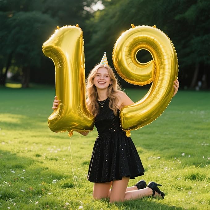 40 Inch Gold Balloon Number 19 Balloon,Jumbo Mylar Foil Helium Balloon for 19 Birthday Digital Balloons for Birthday Party,Wedding Anniversary Party Decorations