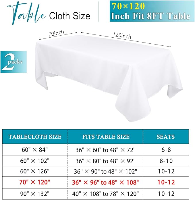 Kesfey 2 Packs White Table Cloths Rectangle 70 x120 inch Washable Polyester Fabric White Tablecloths for 6-8 Ft Tables Stain and Wrinkle Resistant Reusable Table Covers for Parties Wedding Banquet