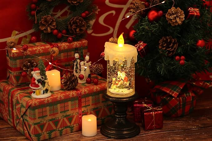 Eldnacele Battery Operated Lighted Flameless Candles Christmas Snow Globe Candle Light Swirling Water Glittering Spinning Candles for Home Decoration(Santa)