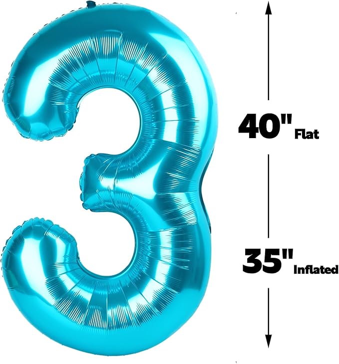 Large 40 Inch Blue 3 Number Balloon, 3 13 23 30 33 36 38 Blue Birthday Party Decorations, Numbers Three Foil Balloons for Anniversary Party Graduations Celebration Supplies