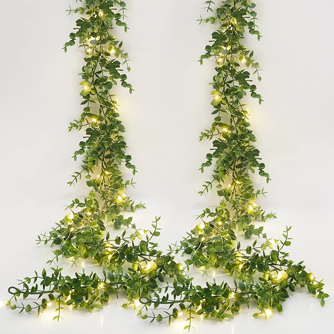 Dolicer 2 Packs Eucalyptus Garland with LED Lights String, 12Ft Faux Eucalyptus Greenery Garland, Artificial Hanging Green Eucalyptus Leaves Vine Wedding Backdrop Arch Wall Table Decor (Grey Green)