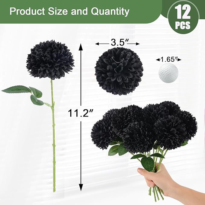 Hananona 12 Pcs Artificial Chrysanthemums Flowers Ball Flower, Fake Mums Flowers Black Silk Plants for Ghothic Home Decor Indoor Floral Arrangement Halloween Table Centerpiece (12, Black)