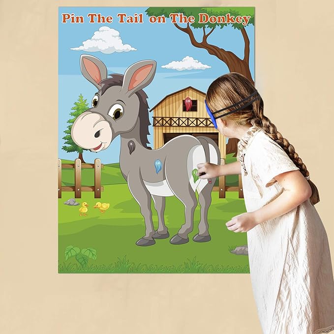 FEPITO Pin The Tail on The Donkey Party Game with 24 Pcs Tails for Kids Birthday Party Decorations, Carnival Circus Party Supplies