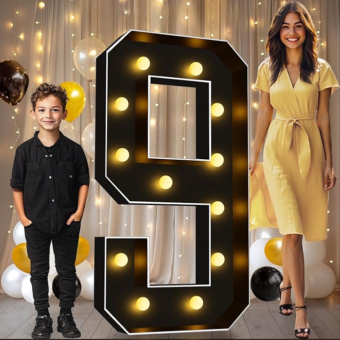 Pooqla 4 FT Light Up Marquee Numbers, Black Marquee Number Lights 4 Feet Tall for 9th 19th 90th Birthday, Giant Letter Big Mosaic Numbers for Balloons Party Anniversary Wedding Decorations, Number 9