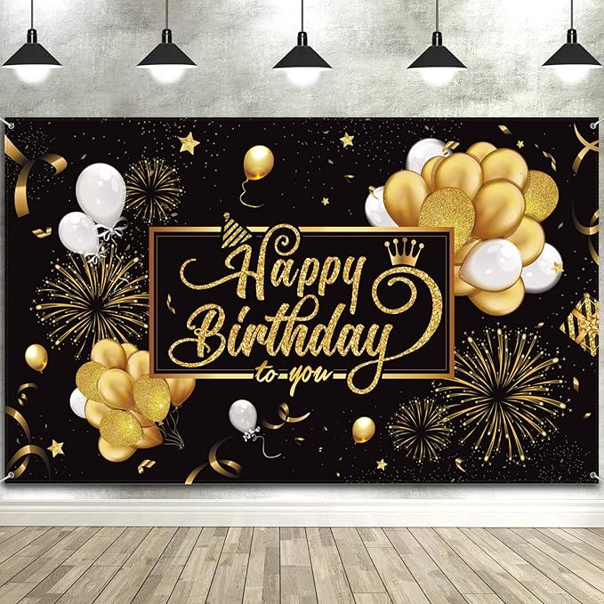 Blulu Happy Birthday Banner Sign Poster Large Fabric Glitter Balloon Fireworks Sign Photo Backdrop Background for Birthday Decoration Supplies, 72.8 x 43.3in (Black and Gold)