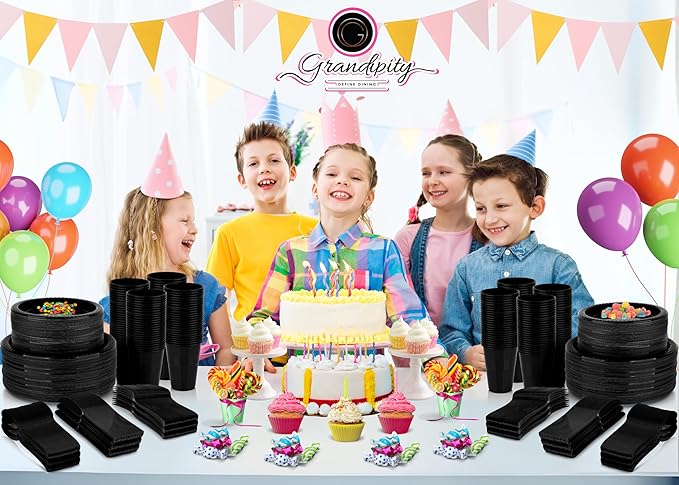 720-Piece Black Disposable Dinnerware Set - 120 Guest Plastic Dinnerware Set - 9" Dinner Plates, 7" Dessert Plates, 12oz Cups, Forks, Knives & Spoons
