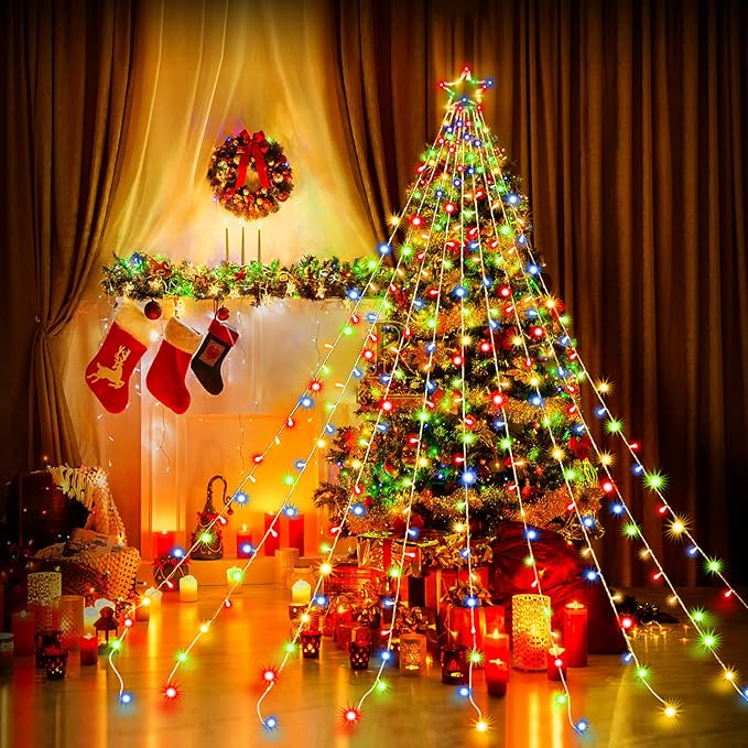 PUHONG Christmas Lights, Decorations Star Lights, 320 LED Christmas Tree Lights Outdoor, Outdoor String Lights, 8 Light Modes with 12" Lighted Star for Xmas New Year (Iron-Multicolor)