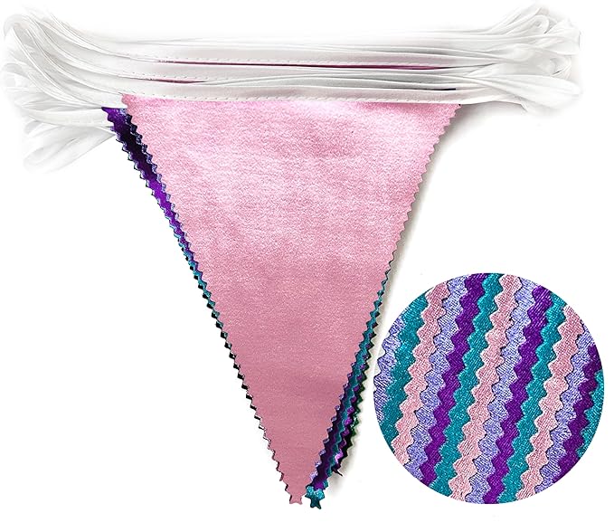 Mermaid Party Decorations Purple Pink and Teal Aqua Metallic Fabric Triangle Pennant Banner Flag Bunting Garland for Mermaid Under the Sea Birthday Wedding Baby Shower Engagement Party Supplies
