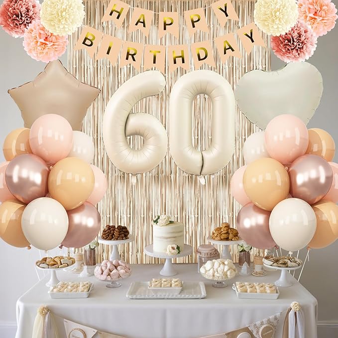 Beige 60th Birthday Decorations for Women Cream Number 60 Balloon Nude Gold Happy Birthday Banner Fringe Curtain Paper Pom Poms Blush White Sand Champagne Star Foil Balloons Neutral Boho Party Decor