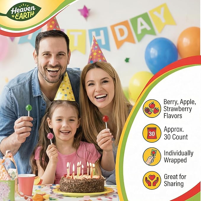 Heaven & Earth Berry, Apple, & Strawberry Fizz Pops (2 Pack - Approx. 76 Count) | All Natural Candy | Kosher | No Artificial Colors | Fun Fizzy Center | Bulk Pack for Parties & Goodie Bags