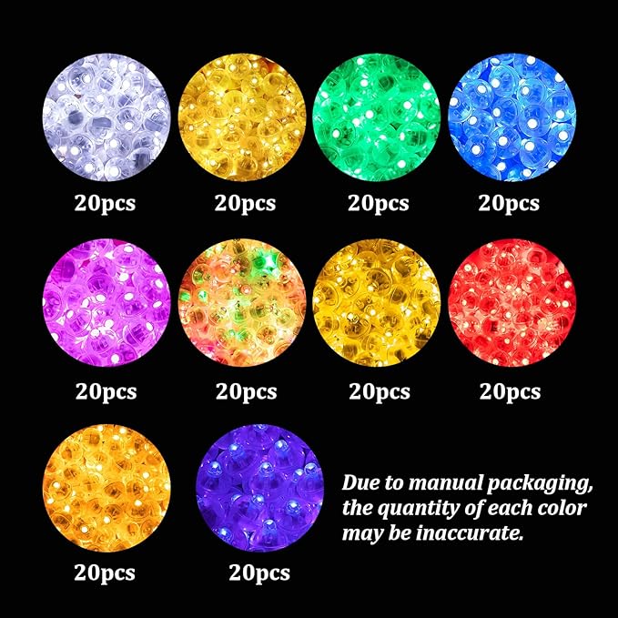 200pcs 10 Colors Balloon Lights, LED Assorted Colors Flash Lights, Mini Ball Light Round LED Ball Lamp for Paper Lantern Balloon Birthday Party Wedding Halloween Christmas Decoration