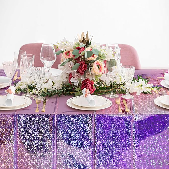 4 Pack Iridescent Light Purple Plastic Tablecloths Shiny Disposable Laser Rectangle Table Covers Holographic Foil Tablecloth Iridescent Kpop Birthday Bridal Wedding Party Decoration, 54 x 108 Inch