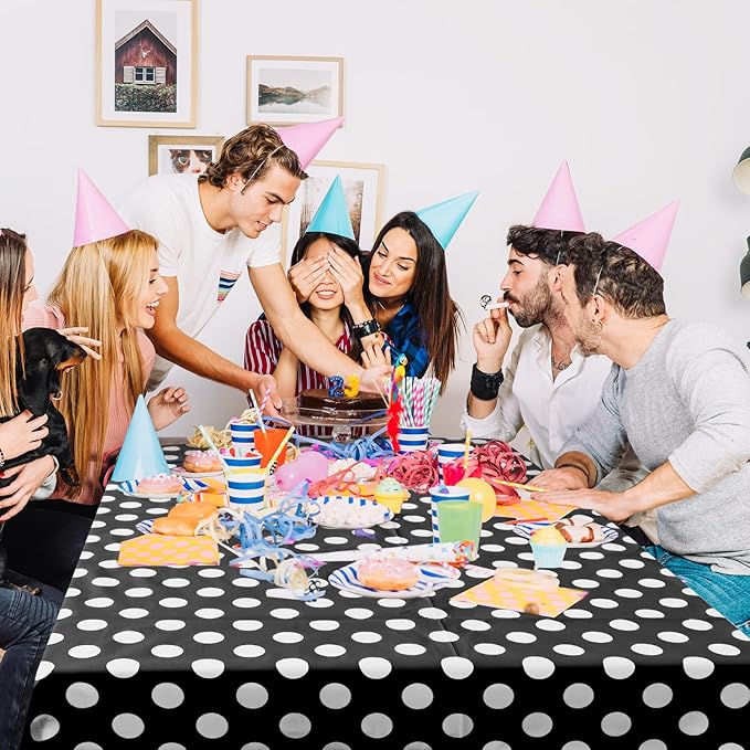 2 Pieces Black Polka Dot Rectangle Tablecloth - 54x72“ Decorative & Stain Resistant Table Cloth with Polka Dot Pattern, Table Cover for Halloween, Dining Table, Buffet, Wedding, Camping, Party