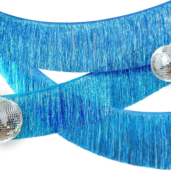 2 Pack Premium Sky Blue Glitter Fringe Tassel Banner for Party Decoration Thick Metallic Foil Tinsel Garland for Birthday Wedding Bachelorette Holiday Disco Home Decor