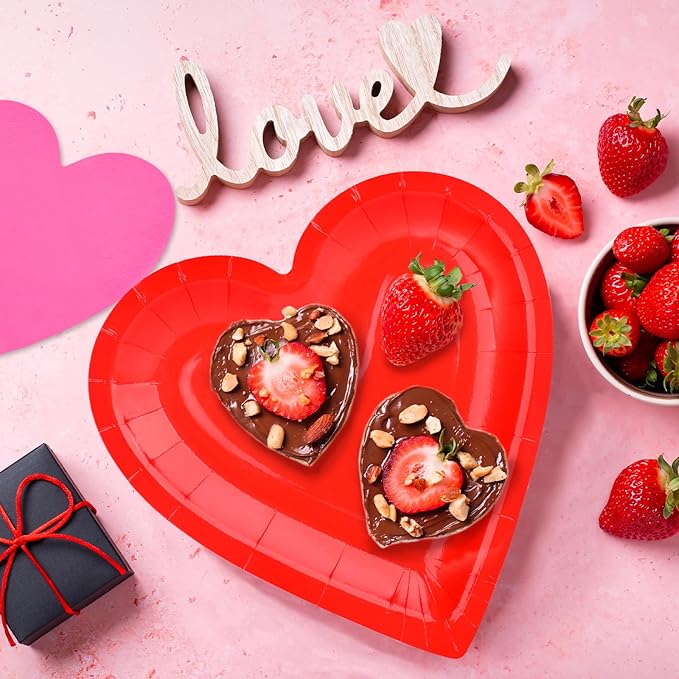 Valentine's Day Party Supplies Set for 48 Guests - Romantic Heart-Shaped Disposable Plates & Napkins with Love-Themed Plastic Tablecloth & Banner - Valentines Day Party Decorations