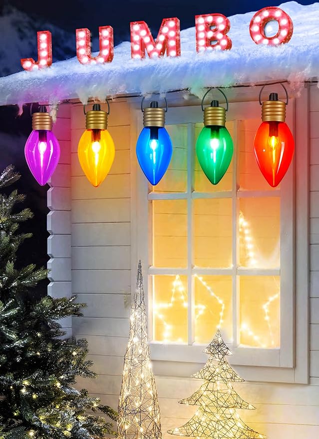 2 Pack Jumbo C9 Christmas Pathway Lights Outdoor Decorations Lawn with Stakes,Tota 17Ft 10 LED String Lights Covered Jumbo Multicolored Walkway Lights Bulb for Holiday Outside Yard Garden Decor