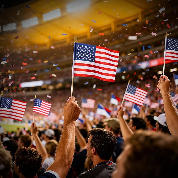 HOOSUN 50 Pcs Small American Flags On Stick,4th of July Decorations Small USA Flag On Stick,Mini 4''x6'' American Flags for Outside,Fourth of July Flag for Yard Lawn,Patriotic Memorial Day Decorations