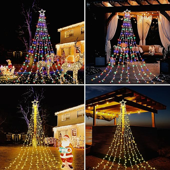 PUHONG Color Changing Christmas Lights, 4 in1 Outdoor Star String Lights, 320 LED Christmas Decoration Lights [11 Modes & Waterproof & Remote] for Halloween Xmas New Year Holiday (Warm+Multicolor)