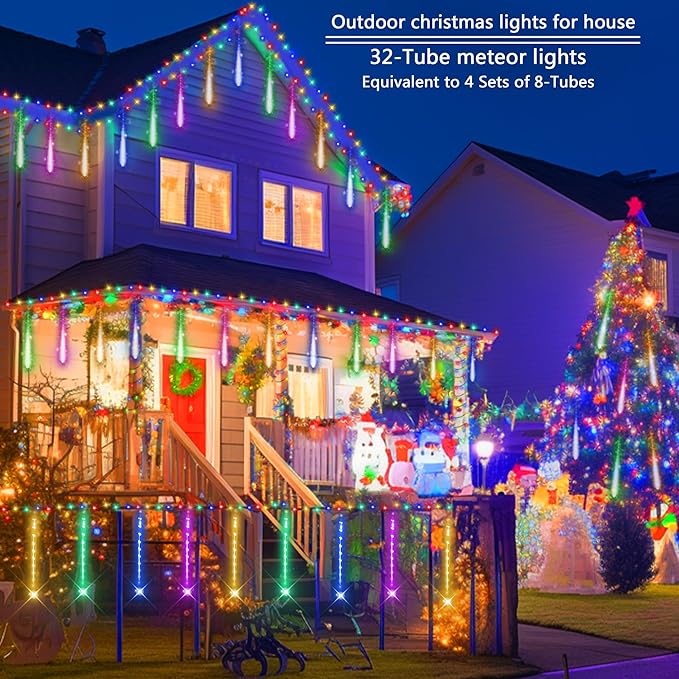 Christmas Outdoors Decoration, 32 Tubes Meteor Shower Lights Outdoor Indoor, Lauzior Snow Falling Icicle Cascading Lights for Christmas Halloween Decor Xmas Tree Holiday Yard Wedding Party, Multicolor