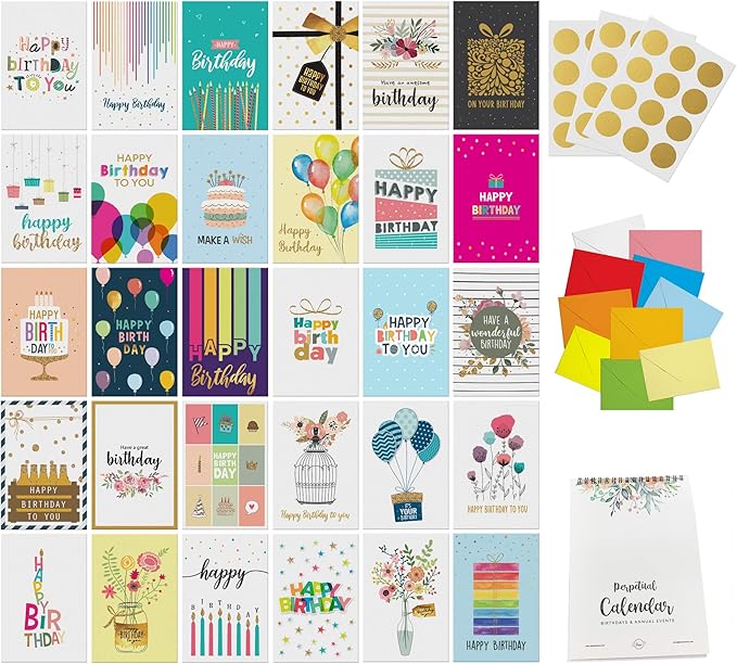 Dessie 30 Unique Happy Birthday Cards 5x7 - Gold Foil Birthday Cards Bulk With Message Inside. 32 White and Colored Envelopes, Perpetual Birthday Calendar and Gold Sealing Stickers Included In Box