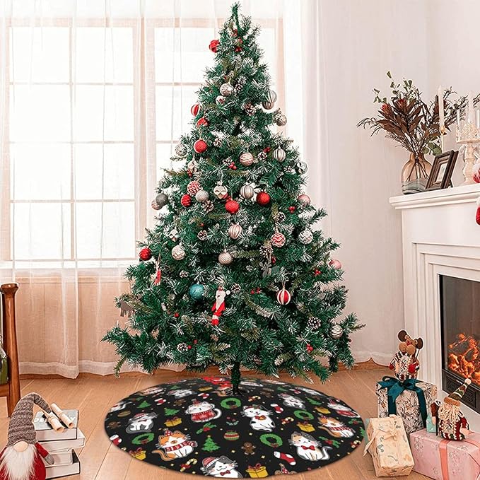 Funny Cats Christmas Tree Skirt, 30 Inch Xmas Tree Mat for Holiday Party Home Decor Indoor Outdoor Use with Adorable Cat Designs 36"