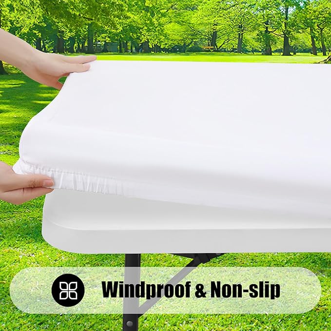 Smiry 2 Pack Rectangle Picnic Table Cloth, Waterproof Elastic Fitted Tablecloths, Washable Polyester Rectangular Patio Table Cover for Camping, Indoor and Outdoor (White, 30"x96")