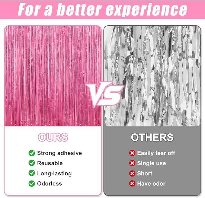 4 Pack Pink Foil Fringe Curtains Door Streamers Party Decorations 3.3 x 8.2 ft, Pink Tinsel Curtain Fringe Backdrop for Parties, Door Fringe Birthday Streamers, Photo Booth Backdrops, Party Decor