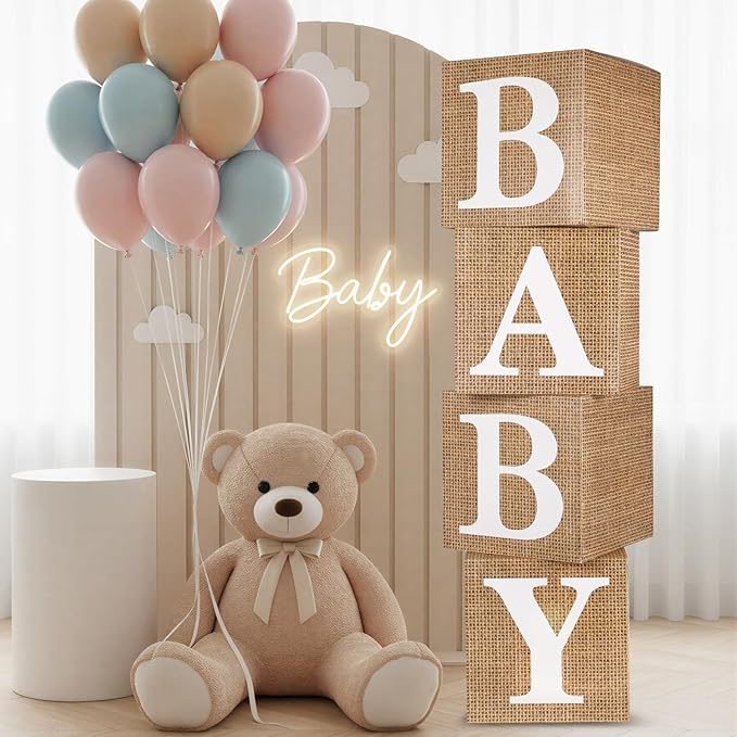 RUBFAC Burlap Print Baby Boxes with Letters for Baby Shower, 4pcs Rustic Farmhouse Style Boho Balloon Boxes with Burlap Grain for Birthday Gender Reveal Decoration Backdrop Photo Props
