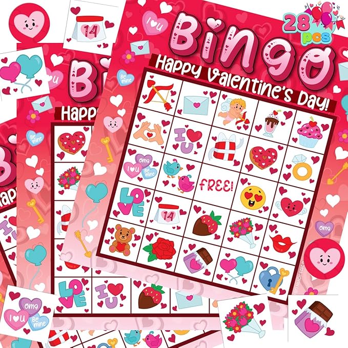JOYIN 28 Players Valentine's Day Bingo Card for Kids and Adults, for Family/School Classroom Large Group, Party, Treats, Game