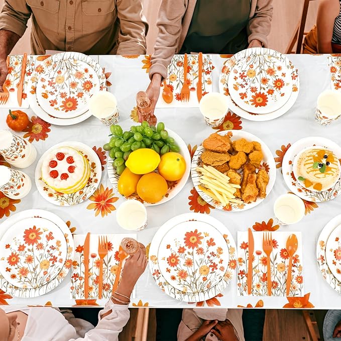 452 Pcs Fall Floral Party Supplies Orange Wildflower Tableware Set, Fall Floral Paper Plates Napkins Cups Tablecloth Cutlery Straw for Thanksgiving Autumn Harvest Wedding Birthday Decoration