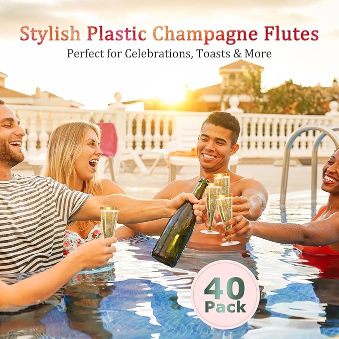 Plastic Champagne Flutes Gold Rim Disposable Wine Glasses - 40 Pack 4.5 Oz Mimosa Glasses Bulk Cocktail Cups for Party Supplies Wedding Bride Bar Women's Day, Copas De Plastico Para Brindis