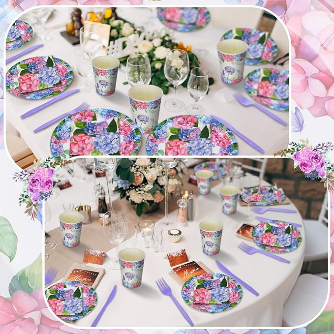 Yungyan 252 Pcs Hydrangea Plates and Napkins Set Hydrangea Flowers Party Supplies Disposable Floral Napkins Plates Cups Knives Spoons Forks for Wedding Birthday Tea Bridal Birthday Serves 36 Guests
