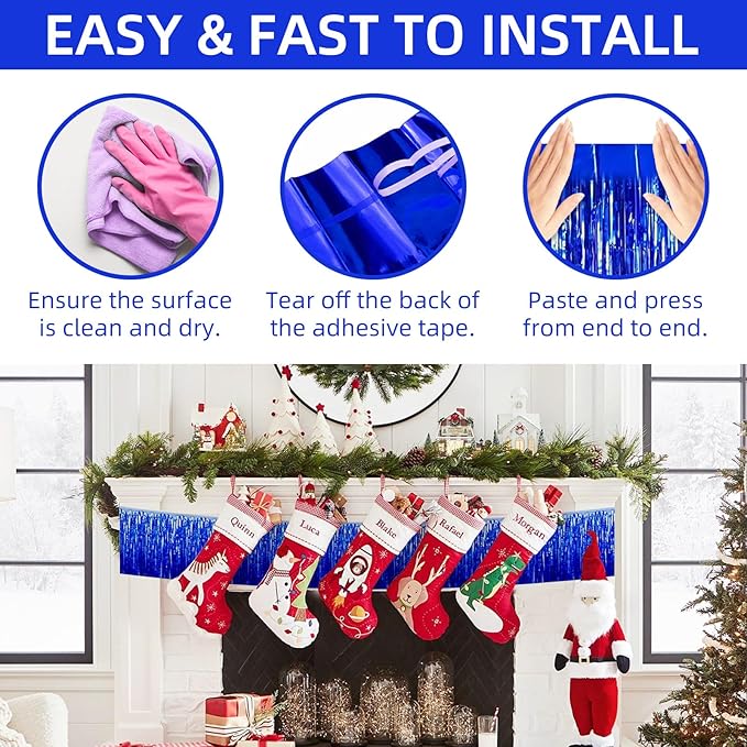12 Pack 10 Feet Metallic Foil Fringe Garland Tinsel Streamers Banner, Blue Wall Hanging Tinsel Fringe Banners for Parade Floats, Wedding, Birthday, Christmas, New Year Party Decorations