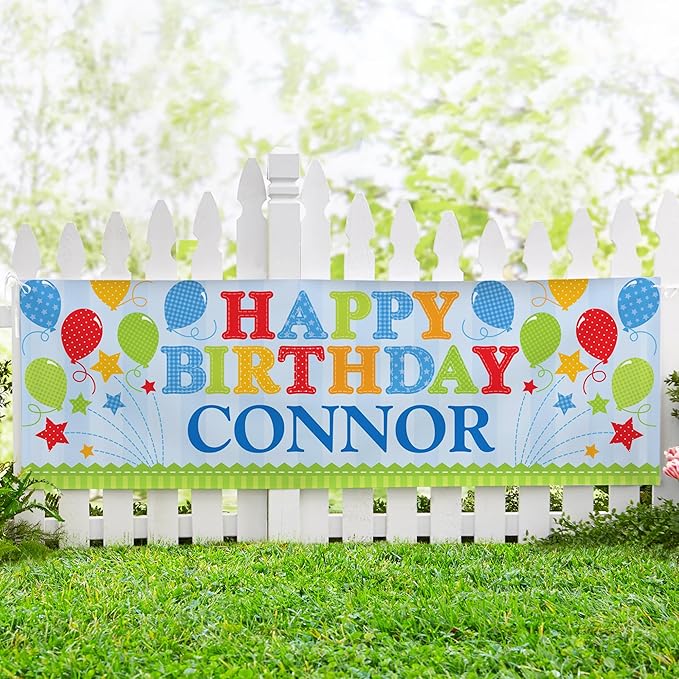 Let's Make Memories Personalized Blue Happy Birthday Banner for Kids - Custom Birthday Party Decorations - Indoor/Outdoor Vinyl - Any Name - Balloons and Stars - 6ft
