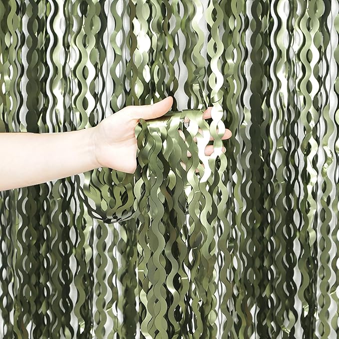 4 Pack Wavy Olive Green Streamers Backdrop Jungle Party Decorations - 3.3x6.6ft Foil Fringe Curtains Photo Booth for Dinosaur Animal St Patrick's Day Football Decor