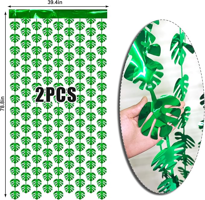 2 Packs Jungle Leaf Foil Fringe Curtain, Green Glitter Tropical Palm Leaves Metallic Tinsel Backdrop for Safari Birthday, Baby Shower, Hawaiian Aloha Luau Party Decorations Supplies