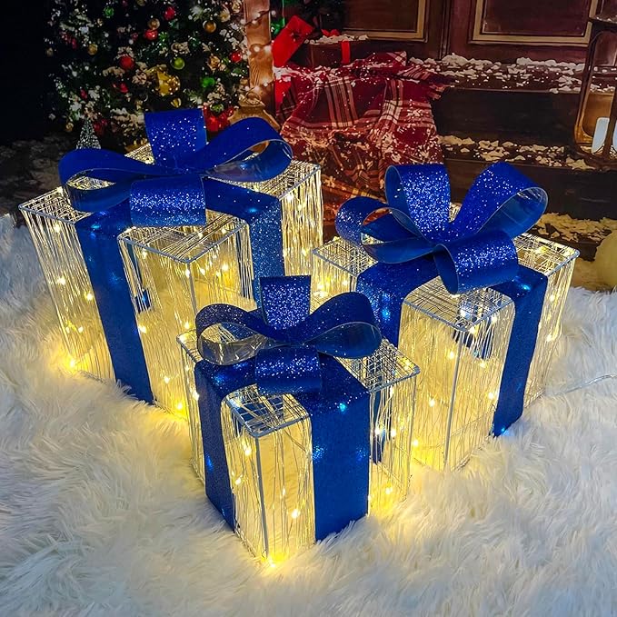 Christmas Decorations, Purtuemy Set of 3 Christmas Lighted Gift Boxes 140 LED Light up Present Ornament for Tree Indoor Outdoor Yard Holiday Door,Warm White