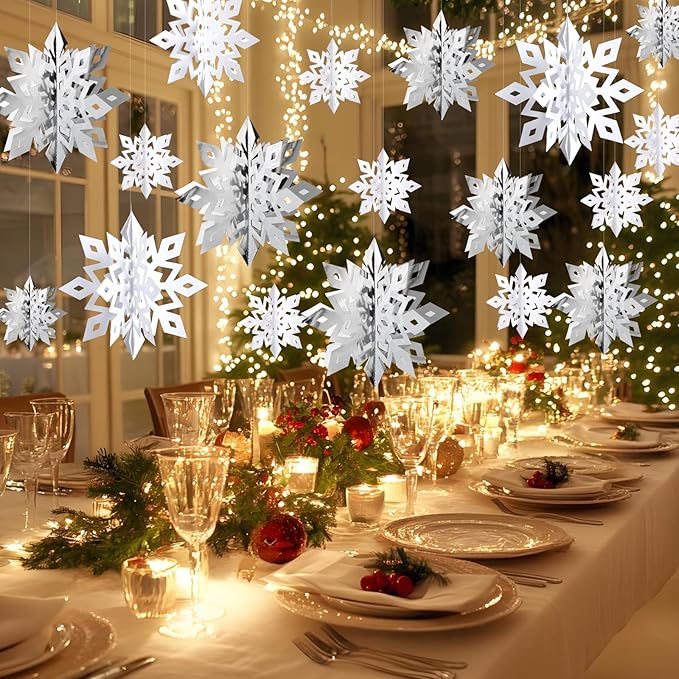 OuMuaMua Winter Christmas Snowflake Decorations Indoor, 36PCS 3D Large White and Silver Snowflakes Hanging Ornaments for Home Xmas Christmas Holiday Winter Wonderland New Year Party Decorations