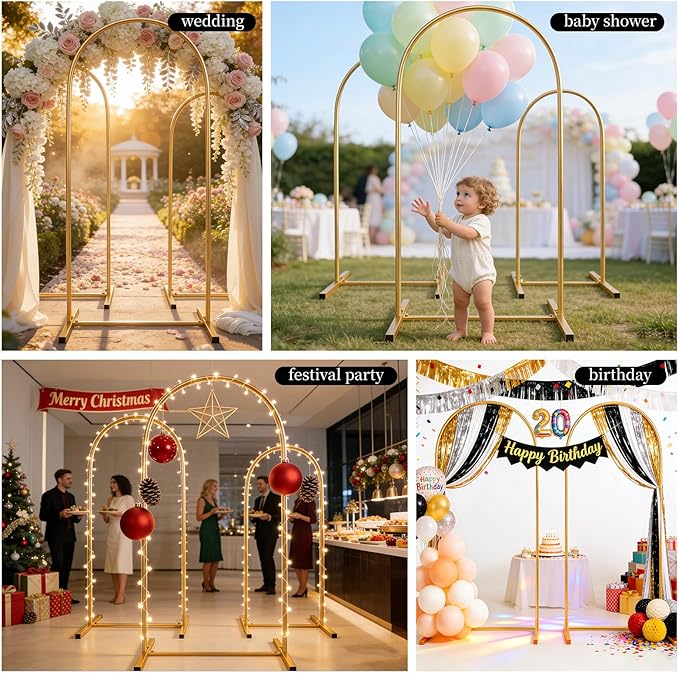 Metal Arch Backdrop Stand Set of 3, Heavy-Duty Balloons Arch Frame for Wedding Ceremony, Party, Baby Shower, Birthday Decorations (Gold, 4ft+5ft+6ft)