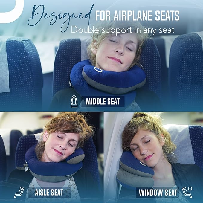 BCOZZY Organic Cotton Double Support Neck Pillow for Travel - 3 Ergonomic Positions for Head, Neck, and Chin Comfort - Ideal for Sleeping Upright on Flights, Cars, and at Home – Large, Navy