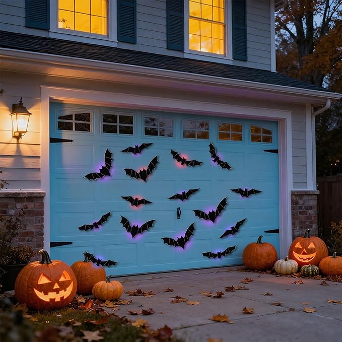 2025 New Halloween 3D Lighted Bats, LED Purple Lighted 3D Bats Halloween Decoration, Upgrade LED Glowing Bat Group Hanging Wall Luminous Glow Clings Multipack (12Pcs Black)