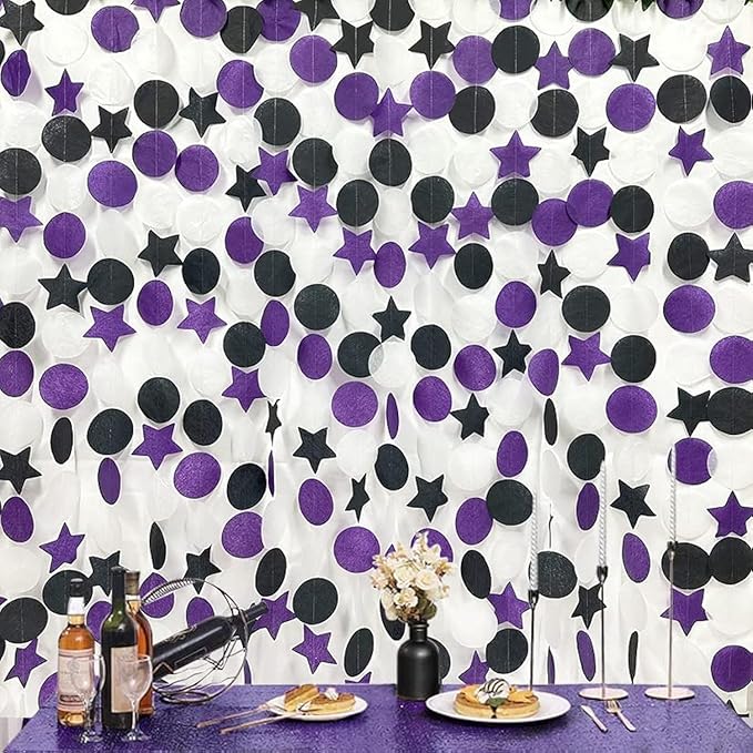 173 Ft Purple Black and White Party Decorations Big Star Circle Dot Backdrop Streamer Garland for Graduation Birthday Bachelorette Engagement Wedding Bridal Shower Baby Shower Halloween Party Supplies