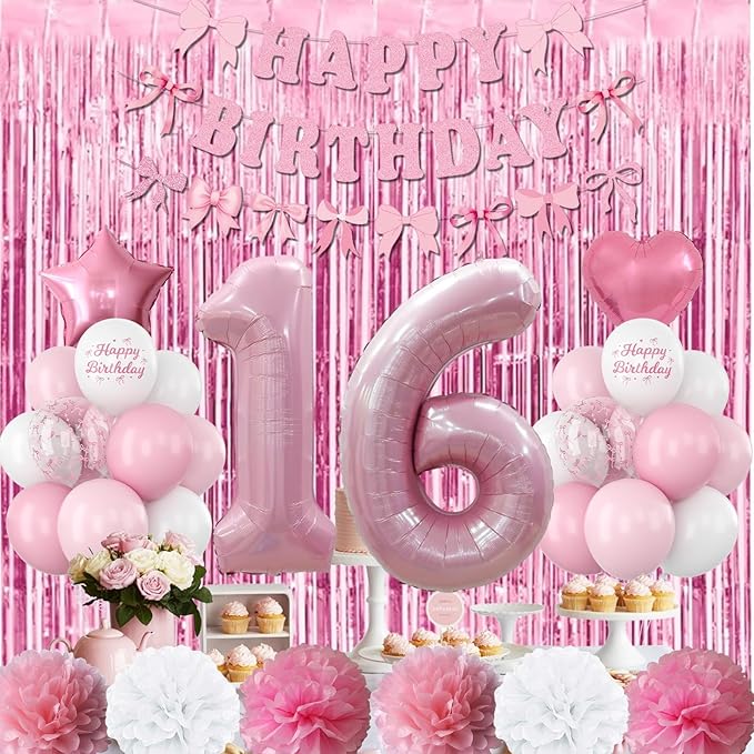 16th Birthday Decorations for Girls Pink Number 16 Balloon Bow Coquette Happy Birthday Banner Fringe Curtain Paper Pom Poms Star Heart Foil Pink White Balloons 16 Year Old Party Decor for Her