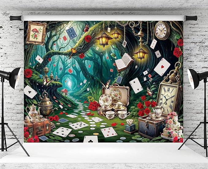 Wonderland Tea Party Backdrop Green Leaves Checkerboard Photography Background Wonderland Girls Kids Birthday Party Party Decoration Banner Supplies (82x59inch(7x5FT))