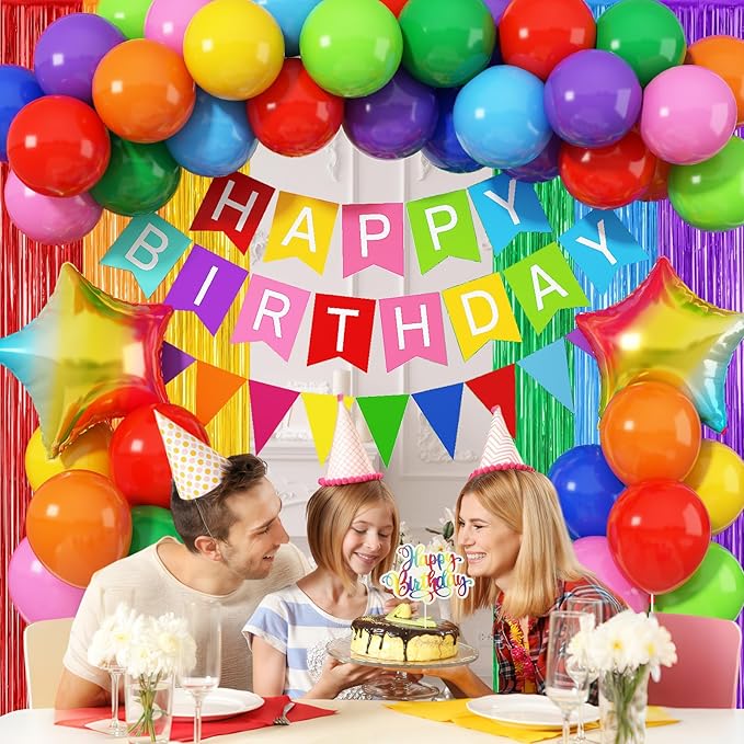 Rainbow Birthday Decorations for Kids, Colorful Party Decor Assorted Color Latex Foil Balloons Fringe Backdrop Happy Birthday Banner Cake Toppers for Boys Girls Carnival Circus Party Supplies