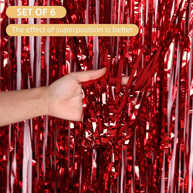 6 Pack Red Foil Curtain Backdrop 3.2ft x 6.6ft Metallic Tinsel Fringe Backdrop Curtains Streamer Photo Booth Backdrop for Birthday Engagement Bachelorette Christmas Holiday Party Decorations