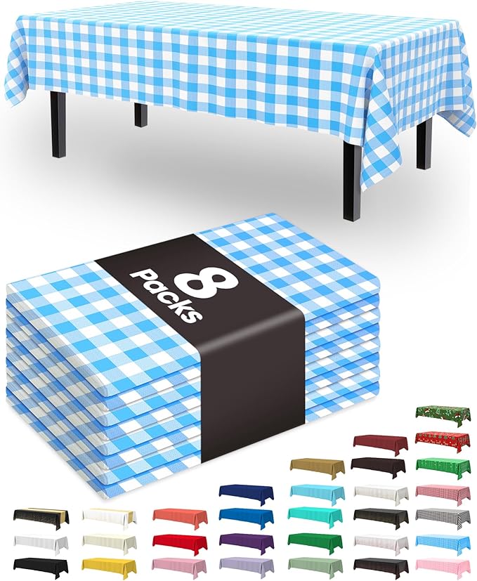Pureegg Plastic Table Cloth Disposable 8 Pack, 54 x 108 Inch Table Cloths, Party, Picnic, Decorative Gingham Tablecloths, Rectangle, Blue and White Checkered Cover, Leakproof & Sturdy, Blue Plaid